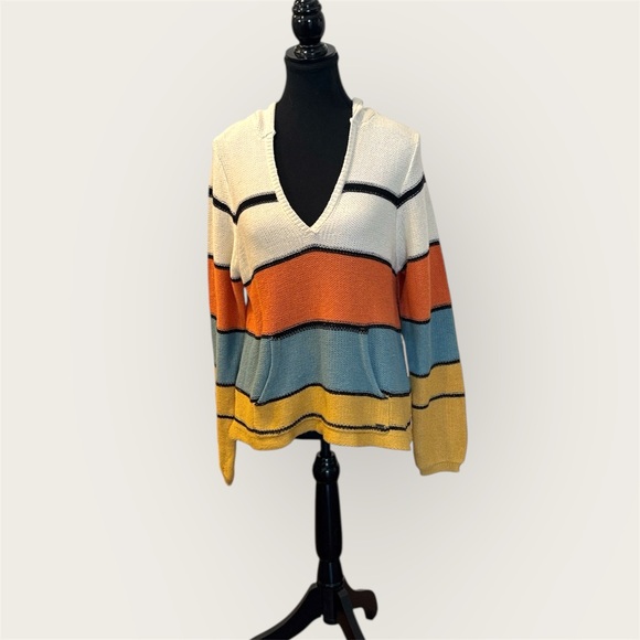 O'Neill Sweaters - O'Neill V-Neck Striped Sweater in Cream, Orange, Blue, and Yellow